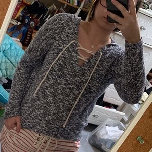 Vintage Havana Lace-Up Lightweight Hooded Sweater